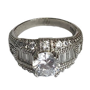 Vtg 925 Sterling Silver  CZ Princess Engagement Baguette Ring Size 10